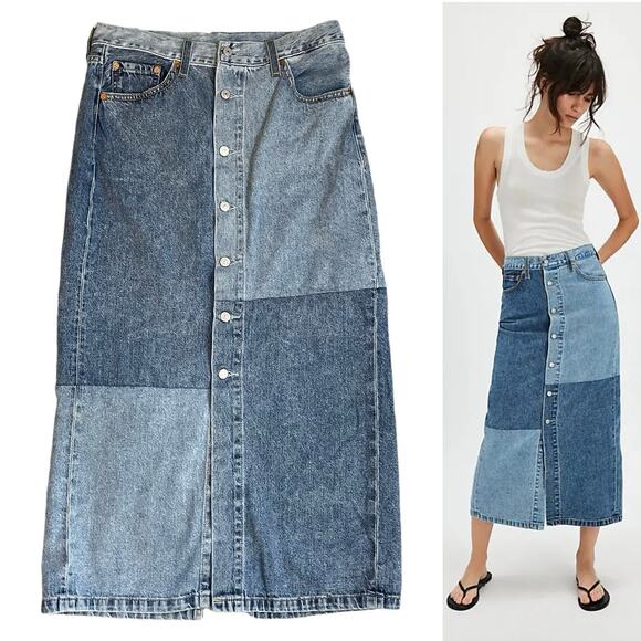 LEVI'S Premium Button Patchwork Denim Midi Skirt Back Slit Retro Boho 70's 29 - Picture 1 of 10